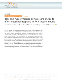 Bcl9 and Pygo Synergise Downstream of Apc to Effect Intestinal Neoplasia in FAP Mouse Models