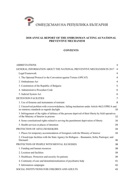 2018 Annual Report of the Ombudsman Acting As National Preventive Mechanism