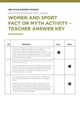 Women and Sport Fact Or Myth Activity - Teacher Answer Key