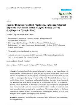 Feeding Behaviour on Host Plants May Influence Potential Exposure to Bt Maize Pollen of Aglais Urticae Larvae (Lepidoptera, Nymphalidae)