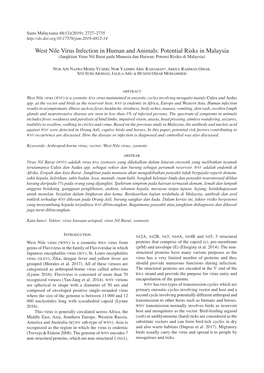 West Nile Virus Infection in Human and Animals: Potential Risks in Malaysia (Jangkitan Virus Nil Barat Pada Manusia Dan Haiwan: Potensi Risiko Di Malaysia)