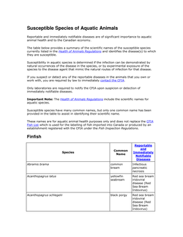 Susceptible Species of Aquatic Animals