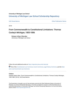 From Commonwealth to Constitutional Limitations: Thomas Cooley's Michigan, 1805-1886