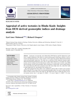 Appraisal of Active Tectonics in Hindu Kush: Insights from DEM Derived Geomorphic Indices and Drainage Analysis