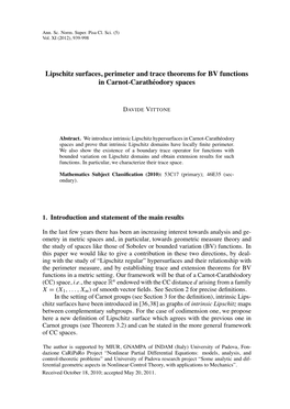 Lipschitz Surfaces, Perimeter and Trace Theorems for BV Functions in Carnot-Carathe´Odory Spaces