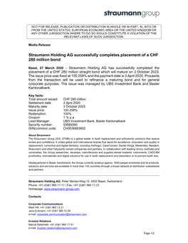 Straumann Holding AG Successfully Completes Placement of a CHF 280 Million Bond