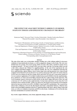 The Effect of a Rat Diet Without Added Cu on Redox Status in Tissues and Epigenetic Changes in the Brain* *