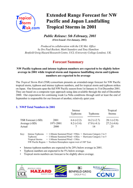 Extended Range Forecast for NW Pacific and Japan Landfalling Tropical Storms in 2001