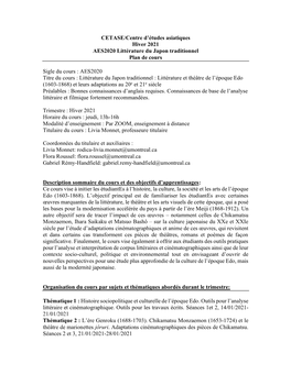 CETASE/Centre D'études Asiatiques Hiver 2021 AES2020 Littérature Du