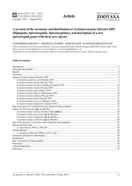 Zootaxa, a Revision of the Taxonomy and Distribution of Archispirostreptus Silvestri 1895