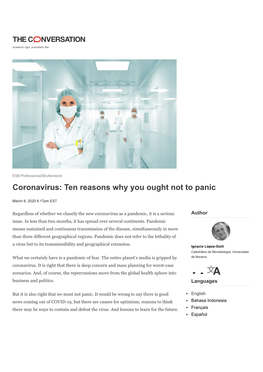 Coronavirus: Ten Reasons Why You Ought Not to Panic