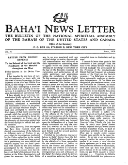 L:.!'Dt BAHA'i NEWS LETTER the BULLETIN of the NATIONAL SPIRITUAL ASSEMBLY of the BAHA'is of the UNITED STATES and CANADA Office of the Secretary ,P