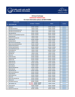 Al Ansari Exchange RAMADAN TIMINGS 2021 for More Information Please Call 600 54 6000