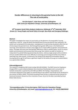 Gender Differences in Returning to the Parental Home in the UK: the Role of Social Policy