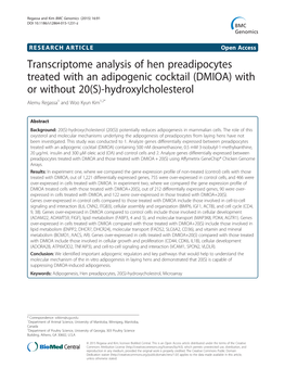Transcriptome Analysis of Hen Preadipocytes Treated with an Adipogenic Cocktail (DMIOA) with Or Without 20(S)-Hydroxylcholesterol Alemu Regassa1 and Woo Kyun Kim1,2*