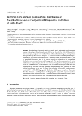 Climatic Niche Defines Geographical Distribution of Mesobuthus Eupeus Mongolicus (Scorpiones: Buthidae) in Gobi Desert