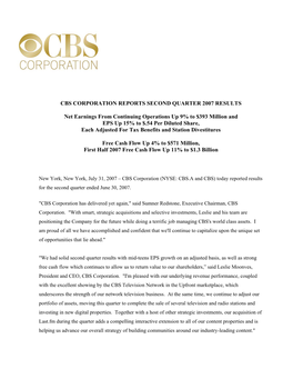 Cbs Corporation Reports Second Quarter 2007 Results