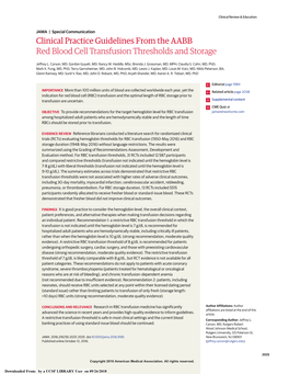 Clinical Practice Guidelines from the AABB Red Blood Cell Transfusion Thresholds and Storage