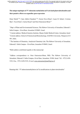 The Unique Topologies of N6-Adenosine Methylation (M6a) in Land-Plant Mitochondria and Their Putative Effects on Organellar Gene-Expression