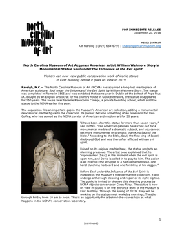 North Carolina Museum of Art Acquires American Artist William Wetmore Story’S Monumental Statue Saul Under the Influence of the Evil Spirit