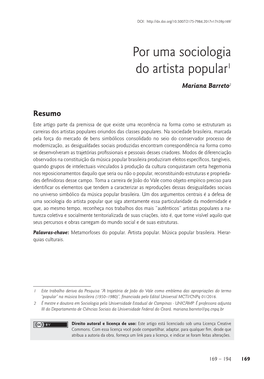 Por Uma Sociologia Do Artista Popular1