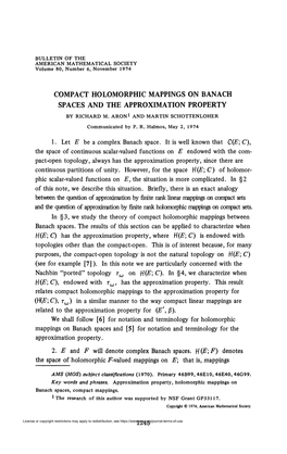 Compact Holomorphic Mappings on Banach Spaces and the Approximation Property by Richard M