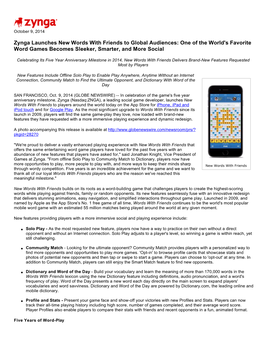 Zynga Launches New Words with Friends to Global Audiences: One of the World's Favorite Word Games Becomes Sleeker, Smarter, and More Social