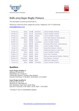 Bulls 2015 Super Rugby Fixtures