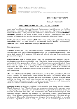 Istituto Italiano Di Cultura Di Zurigo COMUNICATO STAMPA