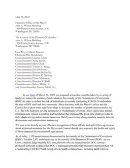 May 18, 2020 Executive Office of the Mayor John A. Wilson Building 1350 Pennsylvania Avenue, NW Washington, DC 20004 the Counci