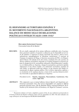 El Hispanismo Autoritario Español Y El Movimento Nacionalista Argentino: Balance De Medio Siglo De Relaciones Políticas E Intelectuales (1898-1946)*