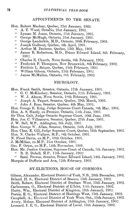 Appointments to the Senate, Necrology and By-Elections