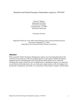 Reputation and Federal Emergency Preparedness Agencies, 1948-2003