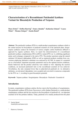 Characterisation of a Recombinant Patchoulol Synthase Variant for Biocatalytic Production of Terpenes