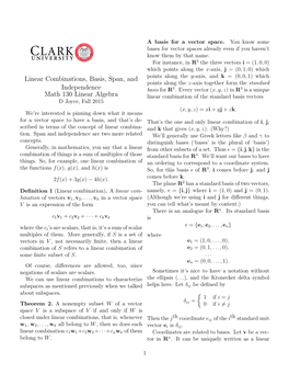 Linear Combinations, Basis, Span, and Independence Math 130 Linear