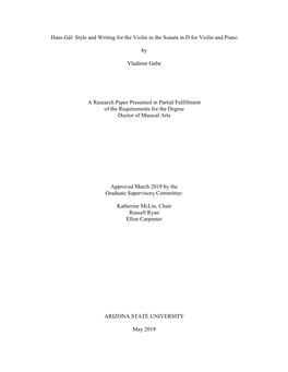 Hans Gál: Style and Writing for the Violin in the Sonata in D for Violin and Piano