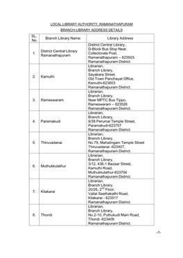 SL. No Branch Library Name Library Address 1. District Central Library