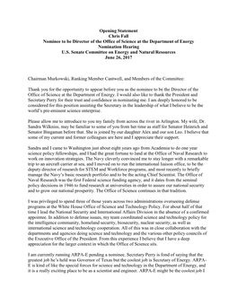 Opening Statement Chris Fall Nominee to Be Director of the Office of Science at the Department of Energy Nomination Hearing U.S