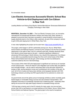 Lion Electric Announces Successful Electric School Bus Vehicle-To-Grid Deployment with Con Edison in New York