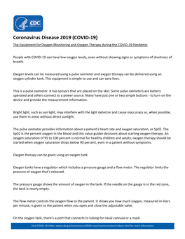 Coronavirus Disease 2019 (COVID-19) the Equipment for Oxygen Monitoring and Oxygen Therapy During the COVID-19 Pandemic