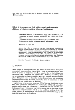 Effect of Temperature on Food Intake, Growth and Conversion Efficiency of Eupterote Mollifera (Insecta : Lepidoptera)