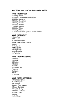 Nick's Top 10 – Corona 5 – Answer Sheet Name The