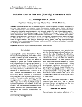 Pollution Status of River Mula (Pune City) Maharashtra, India