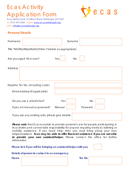 Ecas Activity Application Form Ecas, Norton Park, 57 Albion Road, Edinburgh