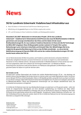 5G Für Landkreis Uckermark: Vodafone Baut Infrastruktur