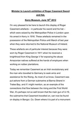 Minister to Launch Exhibition of Roger Casement Sword and Hat, Kerry