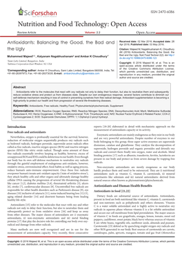 Antioxidants: Balancing the Good, the Bad and Apr 2016; Published Date: 03 May 2016