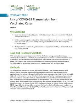 Evidence Brief: Risk of COVID-19 Transmission from Vaccinated Cases Page 1 of 9