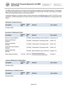 Railroad Job Vacancies Reported to the RRB 844 North Rush Street TTY: (312) 751-4701 June 16, 2020 Chicago, Illinois 60611-1275 Website