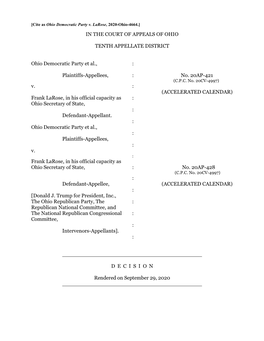 Ohio Democratic Party V. Larose, 2020-Ohio-4664.] in the COURT of APPEALS of OHIO